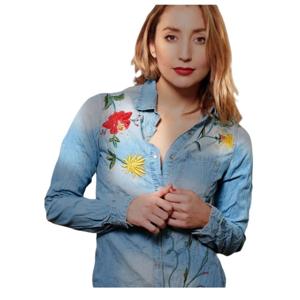 Sinclair Wear Western Denim Flower Shirt Embroidered Cotton Button Down - Picture 3 of 16